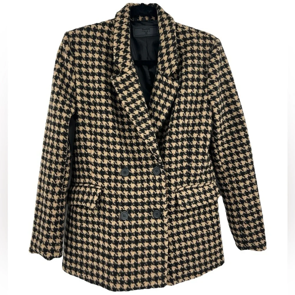 Blank NYC Book Club Houndstooth Double-Breasted Oversized Blazer Tan Black SZ S